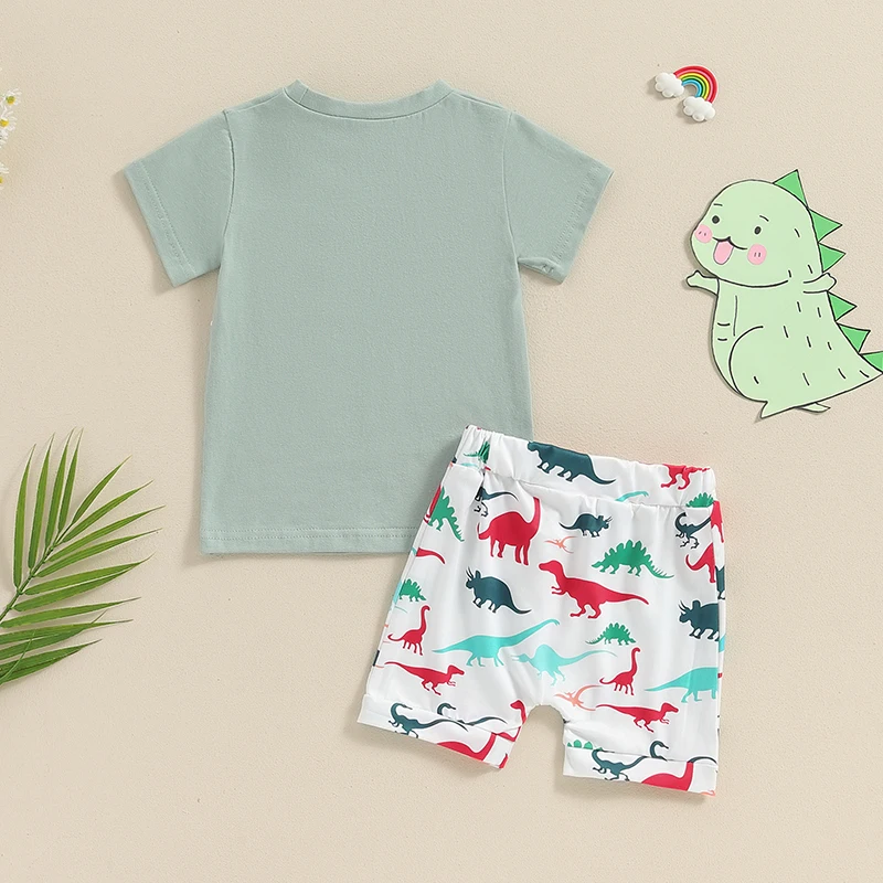 

Летний комплект для маленьких мальчиков из 2 предметов, топ с круглым вырезом и короткими рукавами с принтом динозавра, шорты с эластичным поясом, комплект для малышей
