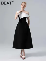 DEAT Strapless Dress Slash Neck Contrast Color Waist Retraction Zipper Mid-calf Women's Dresses Spring 2024 New Fashion 13DB3320