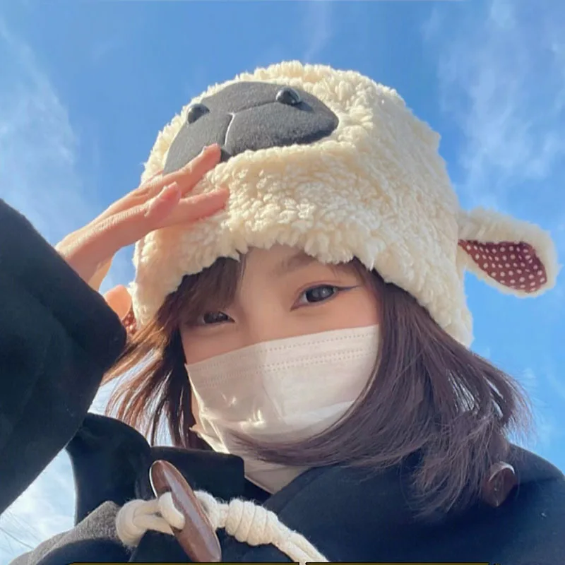 

Cute Lamb Plush Bucket Hats Women Winter Warm and Cashmere Cute Lamb Ears Student Korean Versatile Skullies Cartoon Basin Caps
