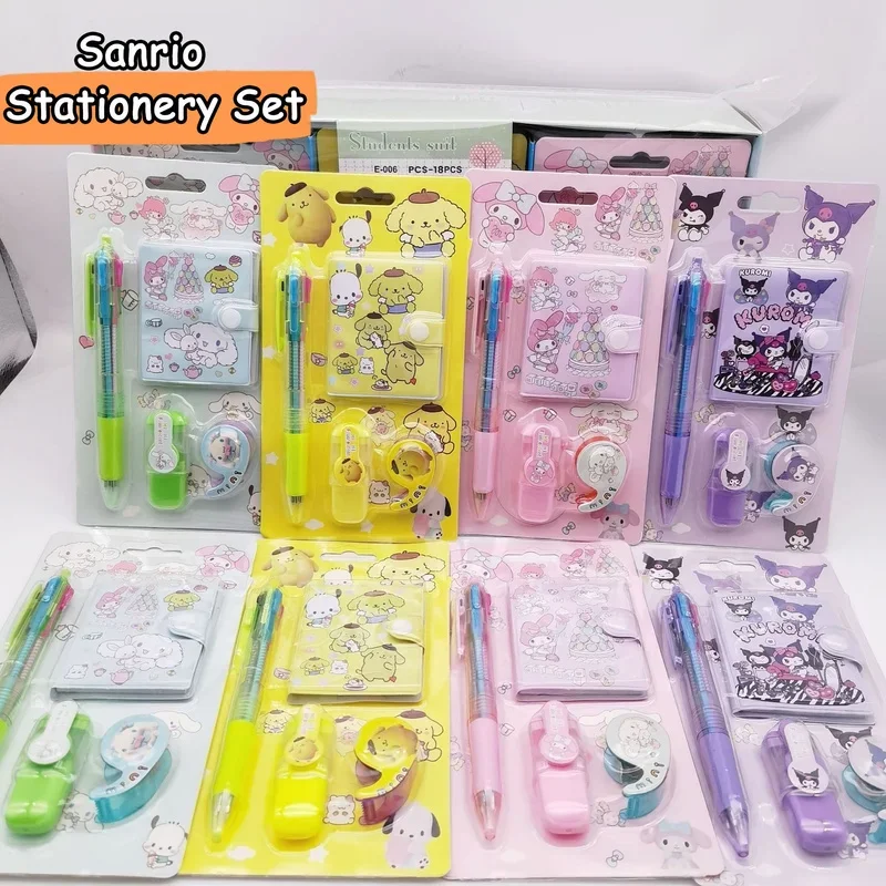 sanrio-stationery-set-notebook-highlighter-fita-adesiva-material-escolar-hello-kitty-melody-kuromi-cinnamoroll-18pcs