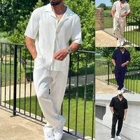 Summer Fashion Casual Loose Men’s Button Open Shirt Short Sleeve Pants Set Home Vacation Thin Breathable Quick Drying 2-pie Set