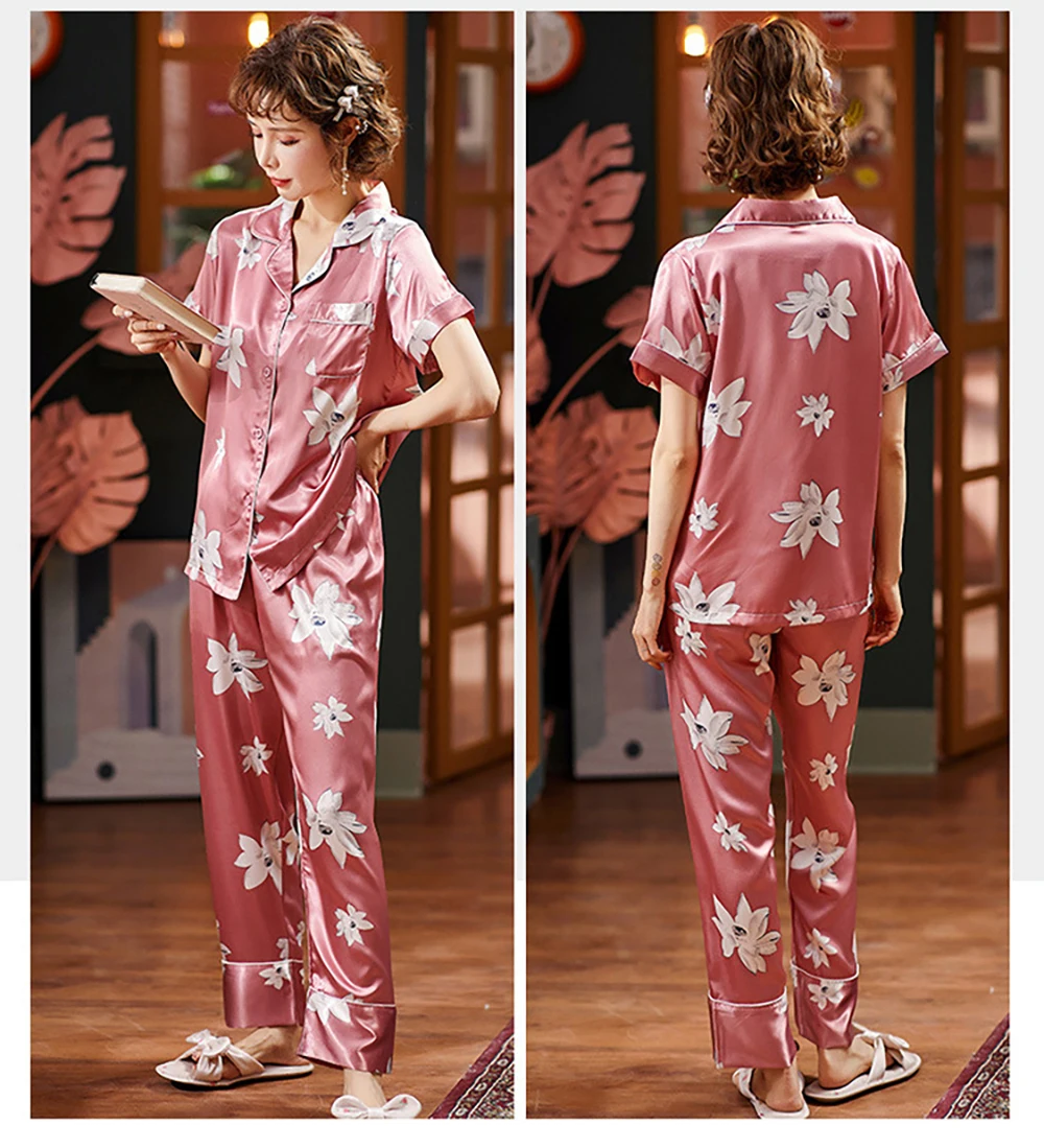 ladies pjs Women's Luxury Satin Pajamas Ladies Ice Silk Polka Dot Nightwear Woman Spring Summer Sleepwear Pajama Set 3XL Large Size Pyjamas sleep wear