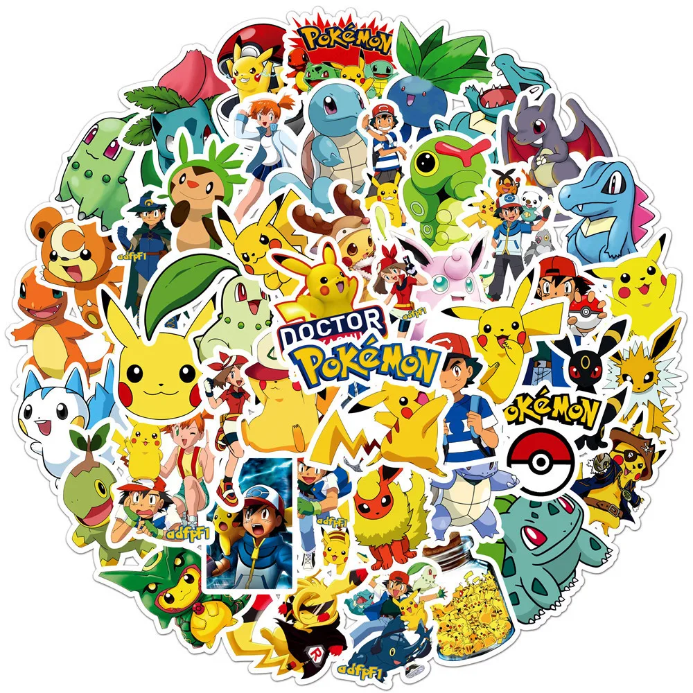 

50 Sheets Cartoon Anime Pokemon Trolley Box Refrigerator Mobile Laptop Waterproof Graffiti Stickers Kids DIY Toys Kawaii Gifts