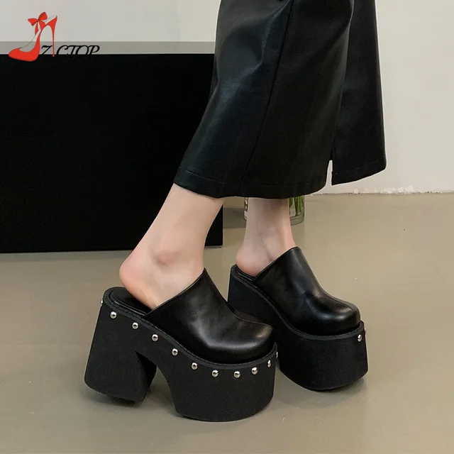 Women's Platform Sandals Black Gothic Closed Toe Chunky High Heels Slippers Rivet Slip On Y2k Punk Shoes Women Summer Size 41 42