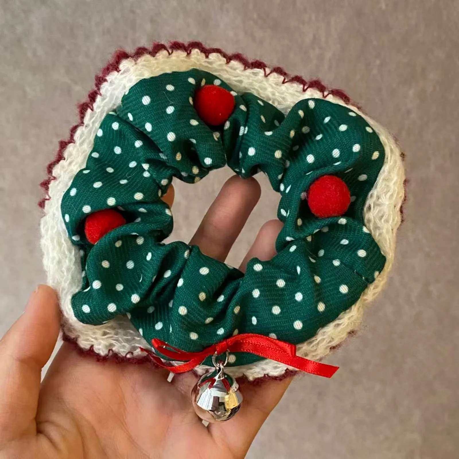 1PC Christmas Plaid Polka Dot Scrunchies | Festive Hair Ties with Bells & Pom Poms, Lace-Trimmed Hair Accessories for Women