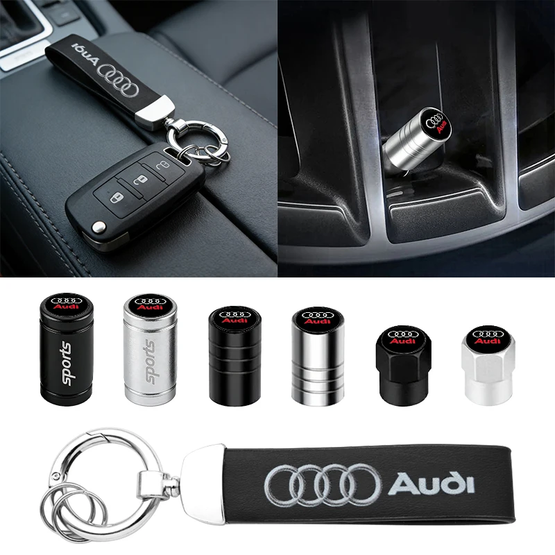 Luxury Car Tire Valve Caps and Suede Keychain Gift Set