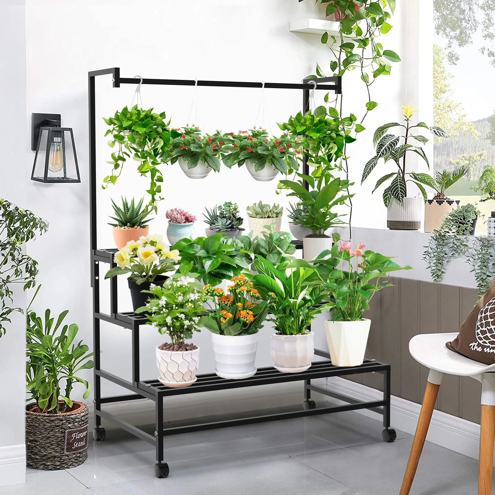 Plant Stand 3-tier Ladder Hanging Shelf Holder Storage Pot Rack With Wheels For Living Room Garden
