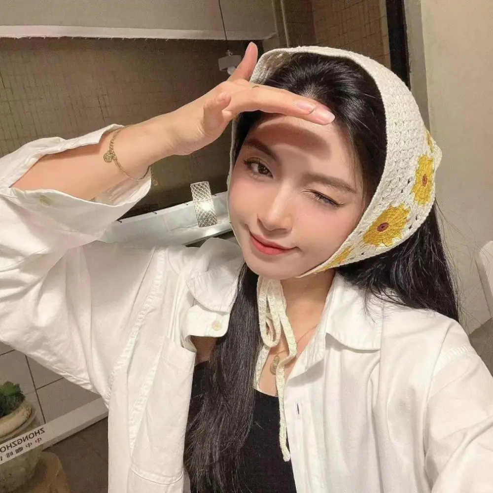 

Небольшой свежий Модный цветочный шарф для волос милый вязаный головной убор с вырезами темпераментная повязка для волос для женщин аксессуары для волос