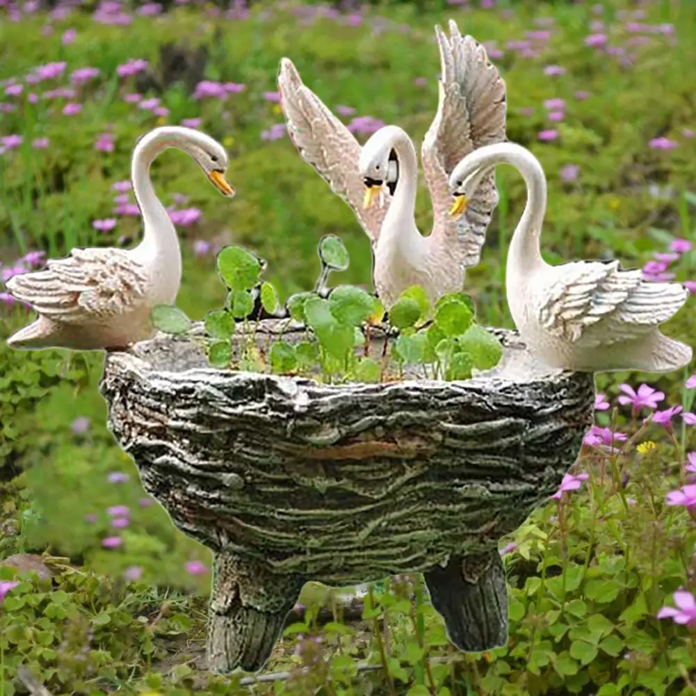 Garden Statue Weather Resistant Vivid Resin White Three Swans Courtyard