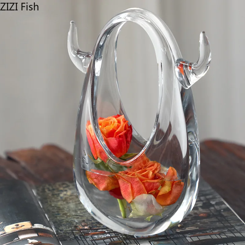 Glass Vase Transparent Tote Bag Decorative Vase Water Droplets Flower Arrangement Terrarium Home Decoration Accessories Vases
