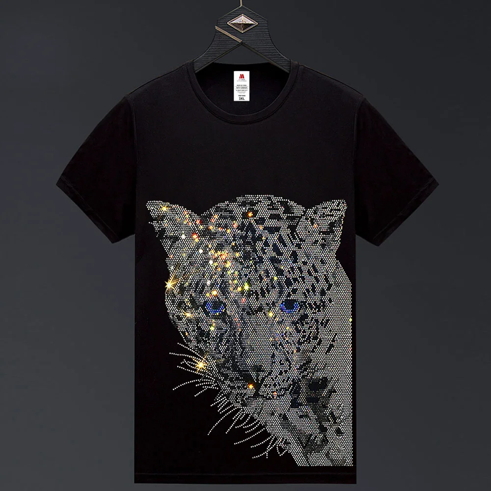 Best-Selling Male Leopard Print Diamond T-shirt Short-Sleeved Streetwear Casual Fashion Design Slim Brand Men And Women T Shirts