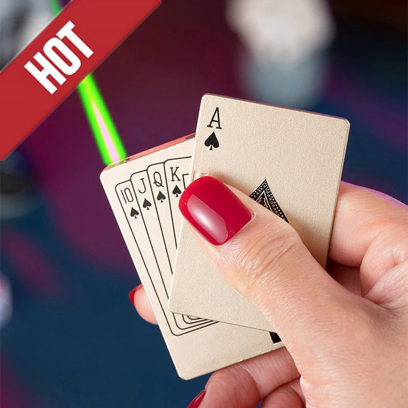 

New Personality Metal Playing Card Lighter JOKER Inflatable Green Flame Lighter Spades Funny Creative Windproof Men's Small Gift