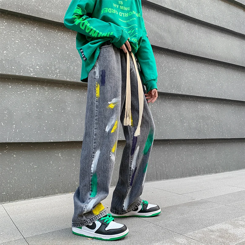 

Джинсы с рисунком «граффити» мужские весенние Брендовые широкие брюки с эластичным поясом в стиле хип-хоп