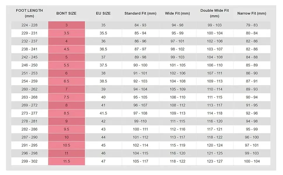 Bont roller skates size chart