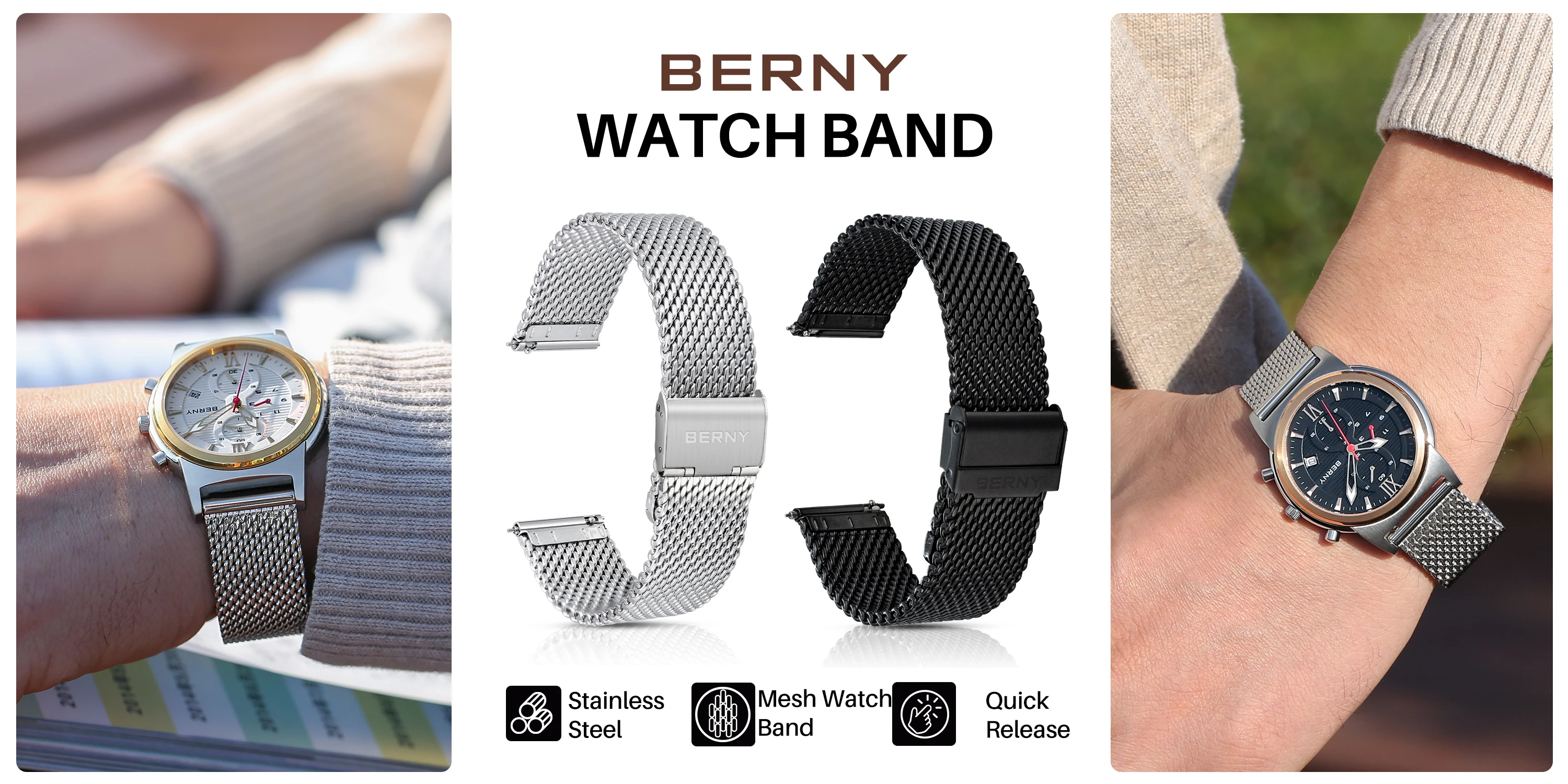 Berny/22mm Uhren armband Edelstahl Mesh Armband rau gewebte Korn Uhr ersetzen Band Haut atmungsaktive Uhr Zubehör – Detail 1