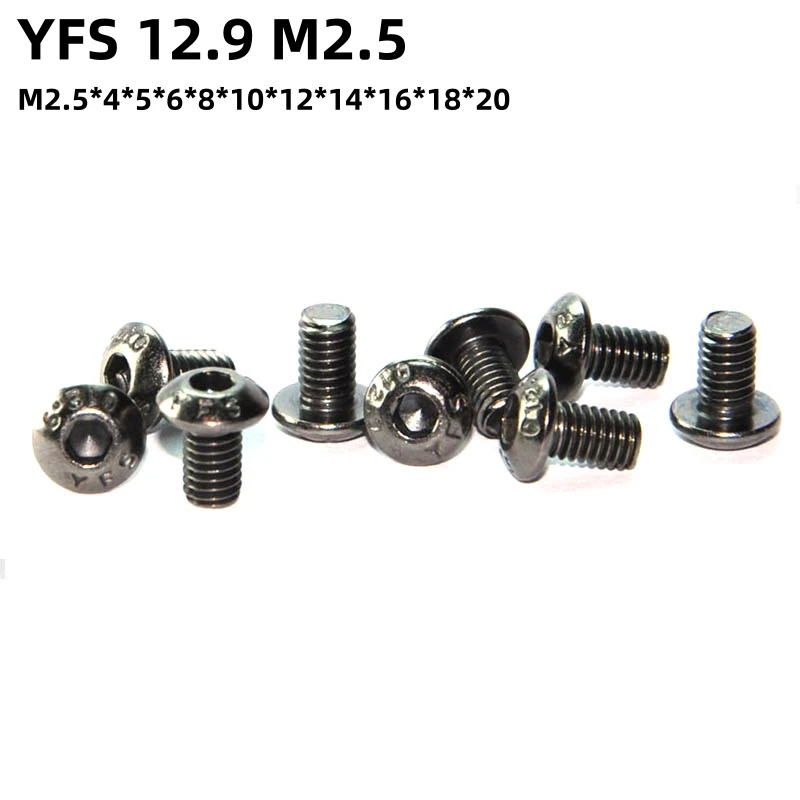 

Винты YFS M2.5 с полукруглой головкой и шестигранной головкой, 100 шт., M2.5 * 4*5*6*8*10 ~ 20 мм, класс 12,9, черные, никелированные, антикоррозийные винты