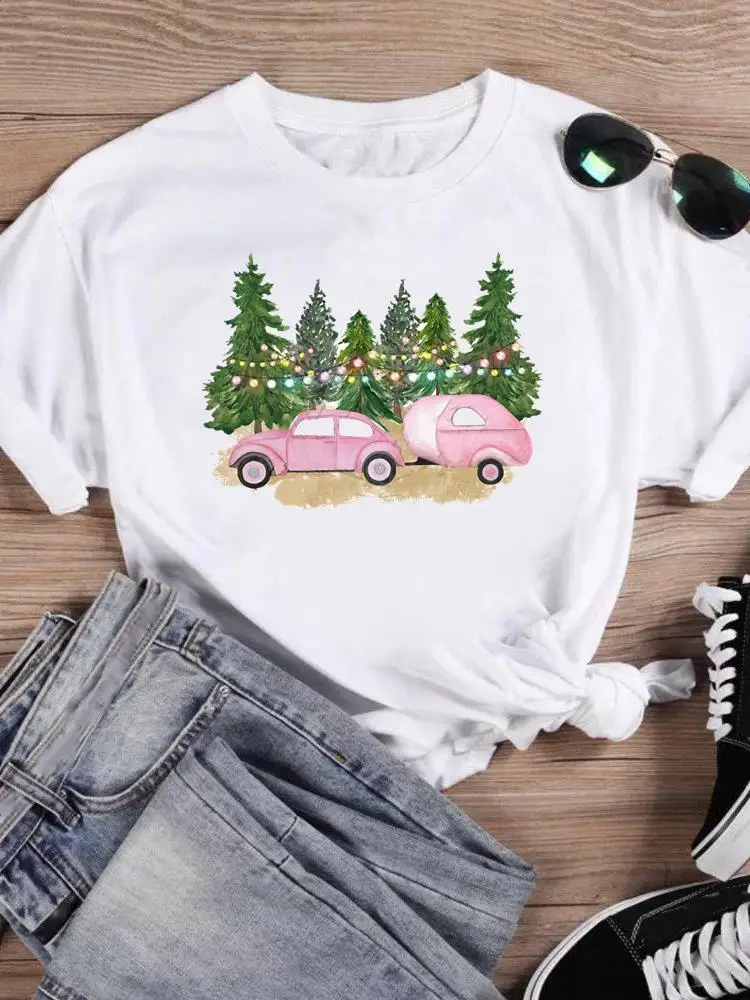 

Print T Top Women Holiday Clothing Merry Christmas Fashion Watercolor Vacation Trend Female Shirt Graphic Tee New Year T-shirts