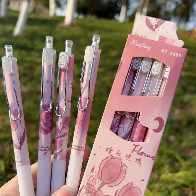 4pcs Floral Series Gel Pen for Kids Aesthetic Tulip Rose Flower Stationery Gel Pen 0.5mm Black Ink Writing Pen Student Supplies