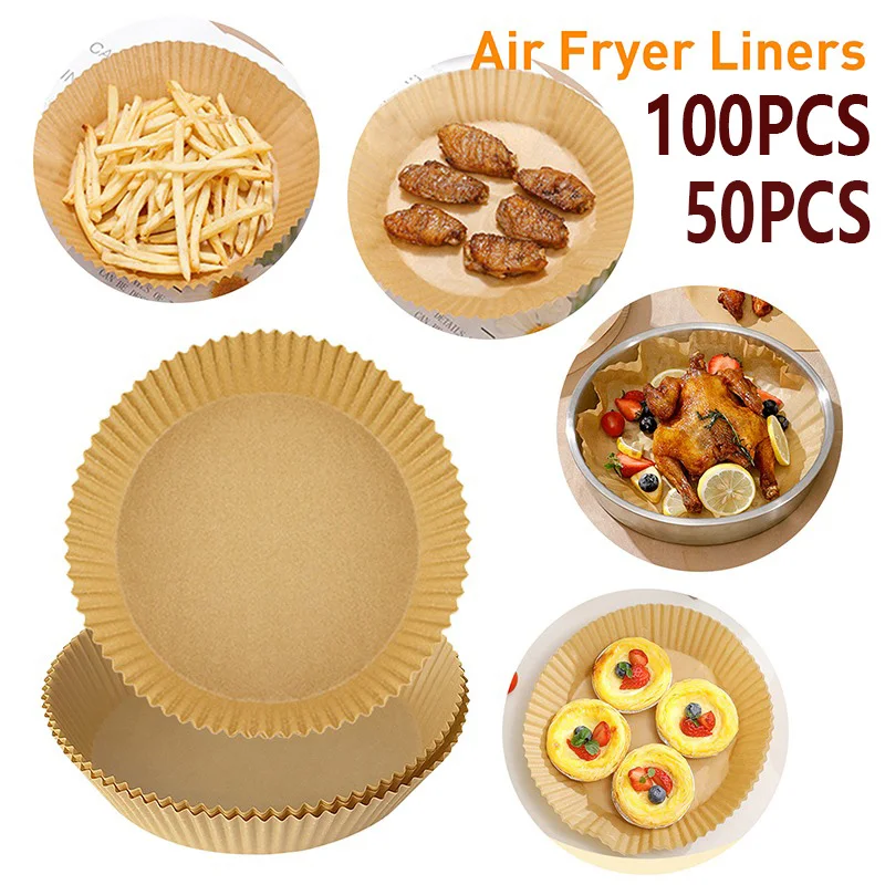 100/50pcs Air Fryer Disposable Paper Liner Non-Stick Mat Steamer Round Baking Mats Kitchen AirFryer Accessories | Дом и сад