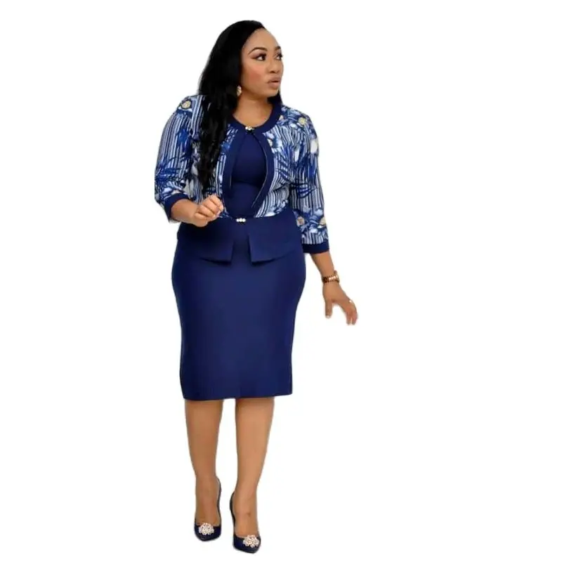 Sale Items Flower Printed Two Pieces Set 2022 Overalls Office Lady O-Neck Bodycon Dres Jacket Suit Wholesale Clothing Women Set