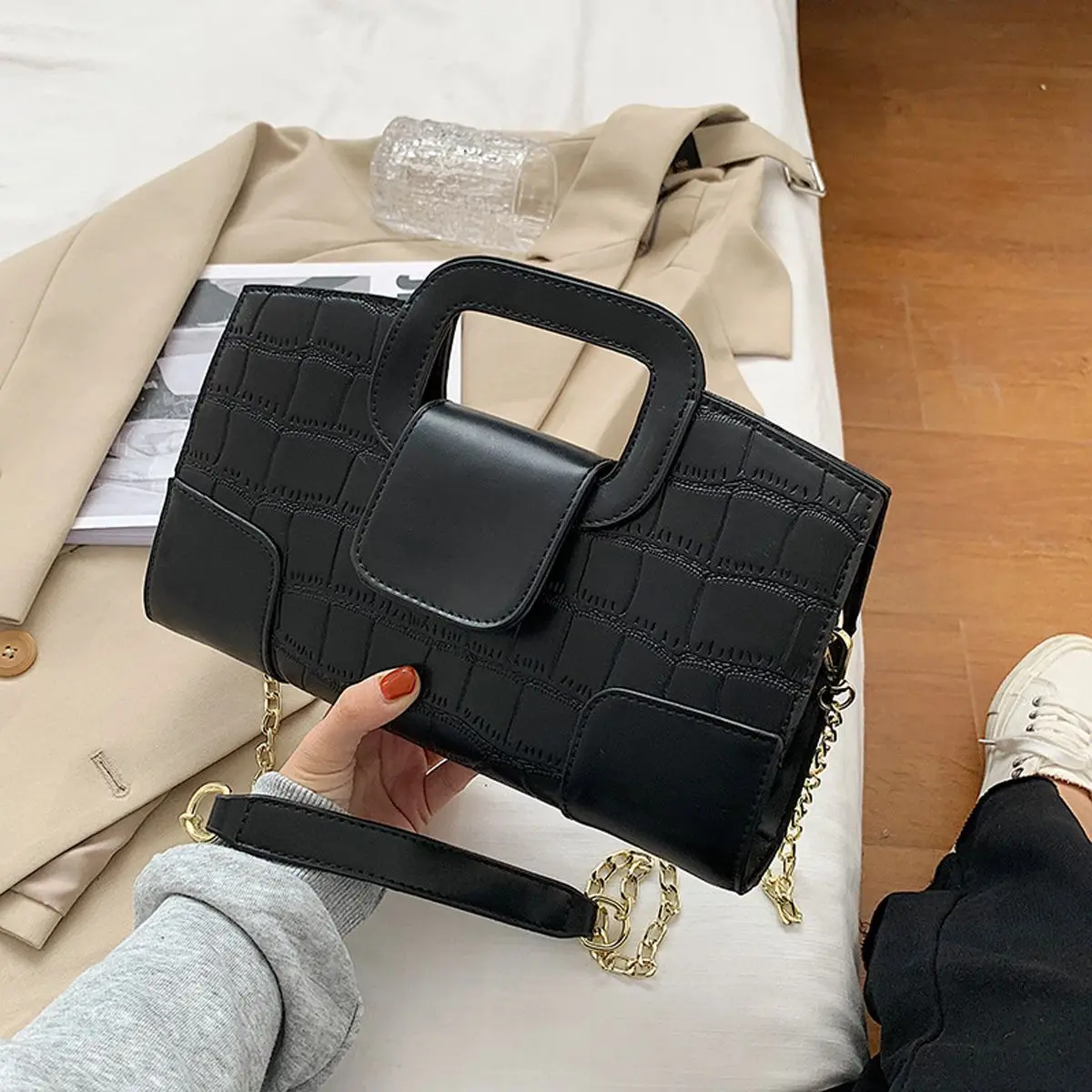 Retro Solid Color Chain Handbag Women Crocodile Texture Leather Large Capacity Shoulder Bags Ladies Fashion Casual Crossbody Bag