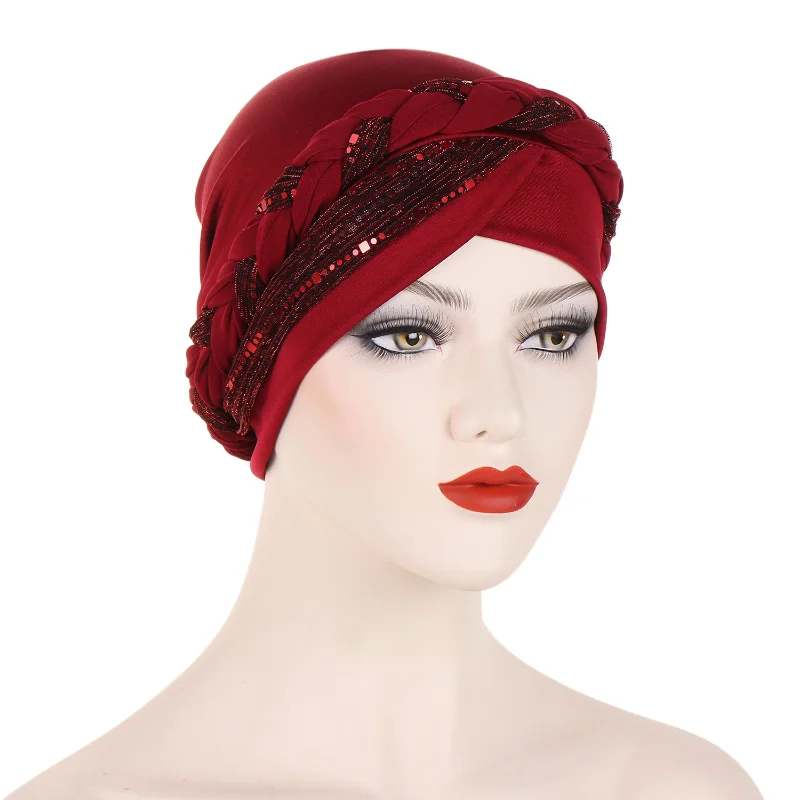 KepaHoo India Lurex Glitter Cross Braid Jersey Turban Hats Beanie Bonnet Canner Islamic Chemo Caps Solid Muslim Hair Loss Cover 3