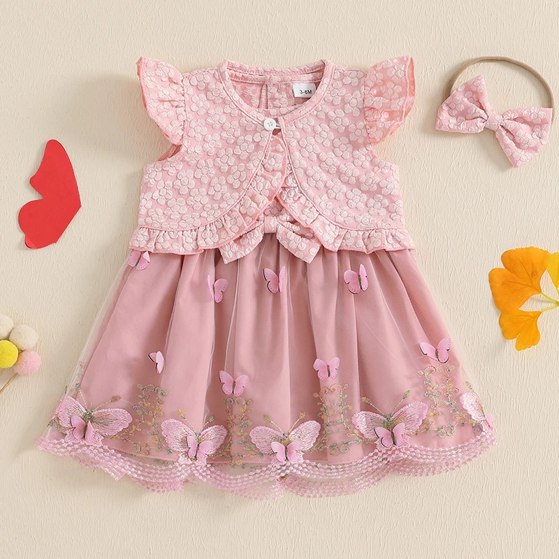 Adorable Baby Girls Summer Outfits with Bow Headband Floral Butterfly Pattern Tops and Matching Dresses - 3 Piece Set for 3