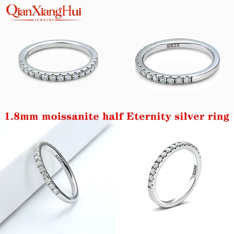 1.8mm Half Eternity and Half Prime Ring Band 925 Silver White D VVS Round Moissanite Diamond Jewelry Gift Dating Party Women