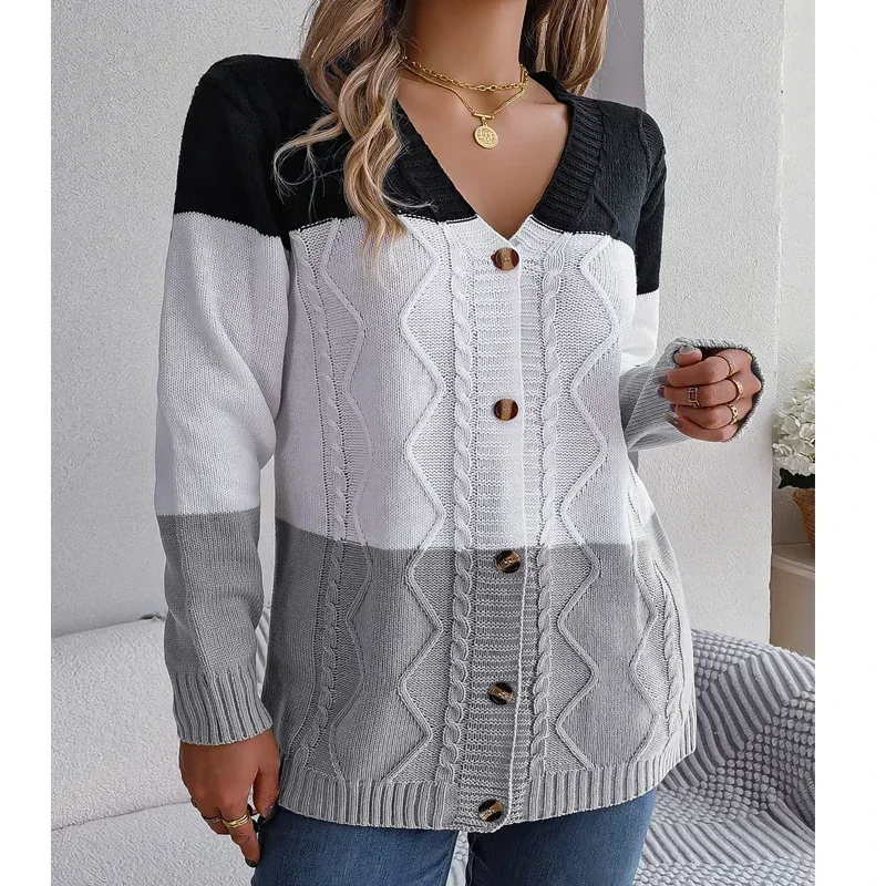 

Fashion Contrast Color V-Neck Knit Tops Winter Long Sleeve Striped Cardigan Fashion Loose Sweater Coat Women Casual Autumn 29382