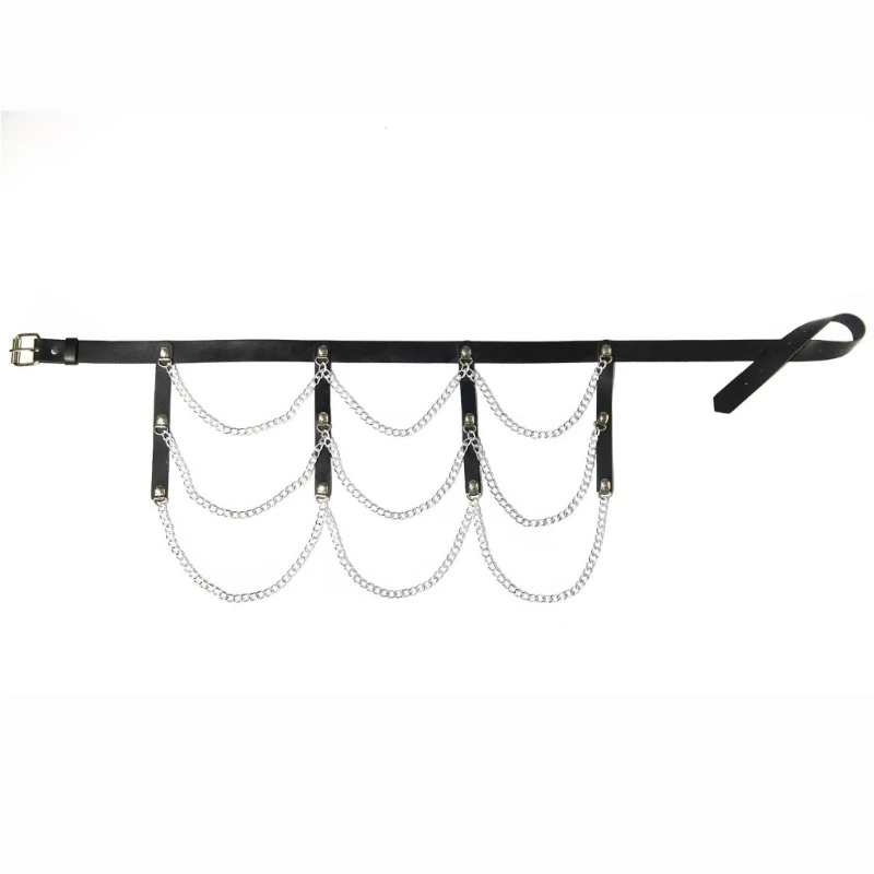 

Gothic Waist Belt Chain Rocker PU Black Belly Chains Layered Band Player Y1QD