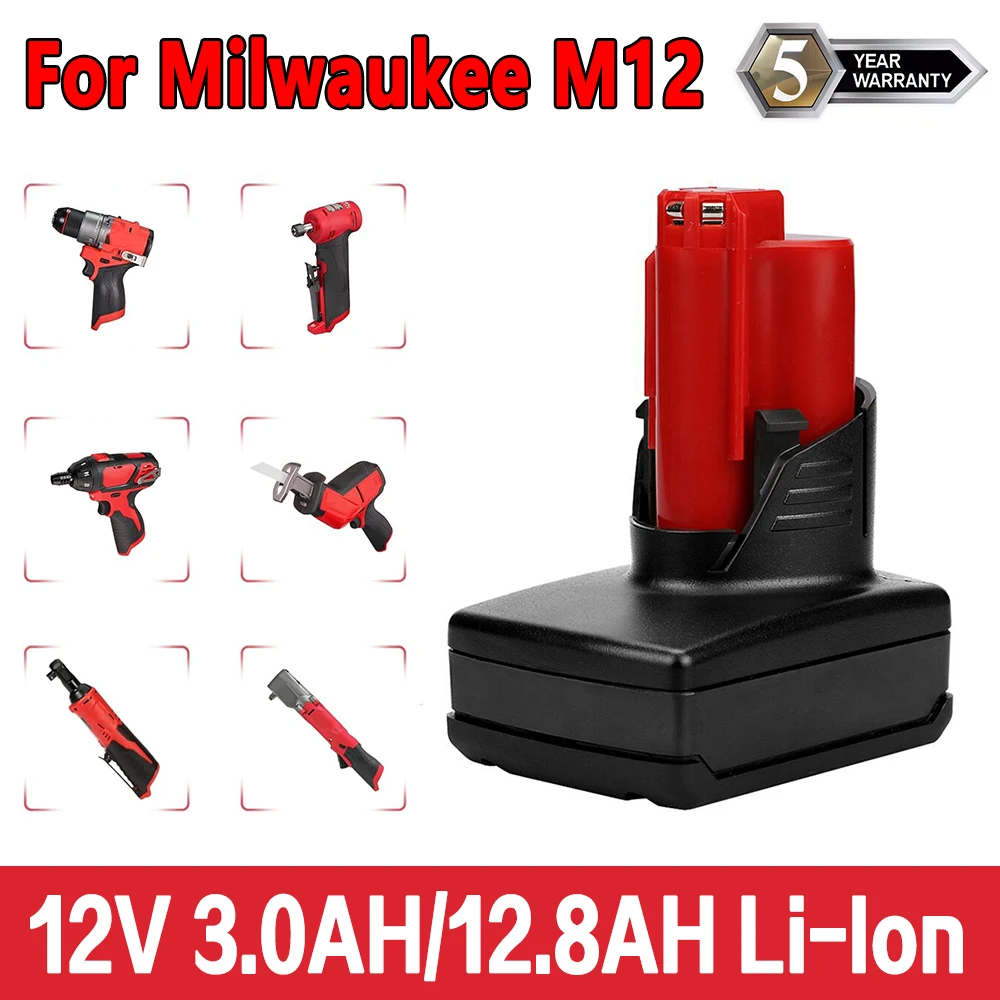 Batteria Ricaricabile 12V 12800Mah Per Milwaukee M12 Xc Cordless Tools 48-11-2402 48-11-2411 Batterie 48-11-2401 Mil-12A-L