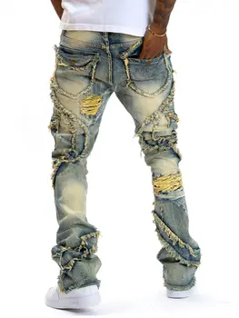 2025 New European and American men's casual jeans, street punk fashion, retro, ripped hole, slightly flared tassel elastic jeans 1