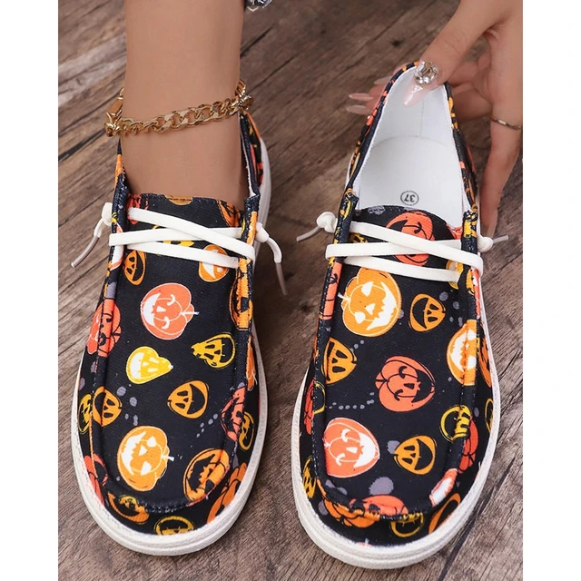 Plus Size Popular Canvas Shoes For Women, 2023 Autumn New Arrival,  Halloween Style, European And American Style Casual Shoes For Women