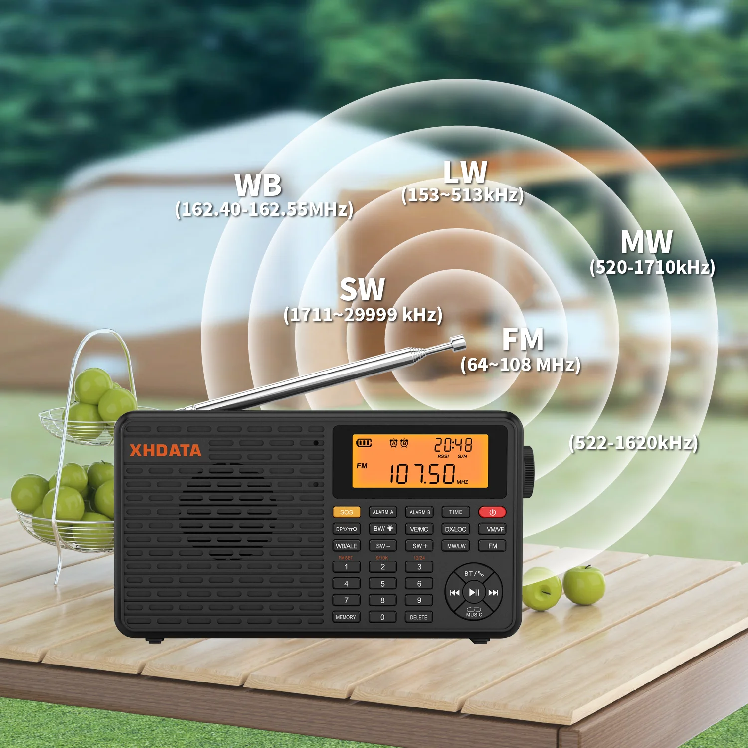 XHDATA-D-109WB AM FMステレオデジタル目覚まし時計,充電式