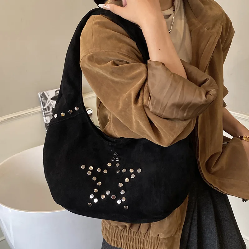 Women's Suede Bag Large Capacity Retro Y2k Star Rivet Decor Underarm Bags Punk Fashion Shoulder Storage Winter Commuter Handbag
