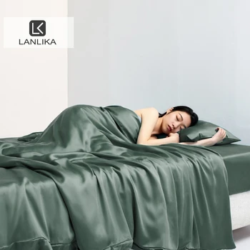 Lanlika Luxury Pure 100% Silk Bedding Set Summer Green Flat Sheet Pillowcase Double Queen King Quilt Cover Bed Set Fitted Sheet 1