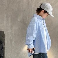 الكورية الاطفال الأزرق العمودي مخطط الخريف قميص لصبي التصميم الكلاسيكي طويلة الأكمام قميص بلوزة الأطفال ملابس كاجوال سن 3-14 6