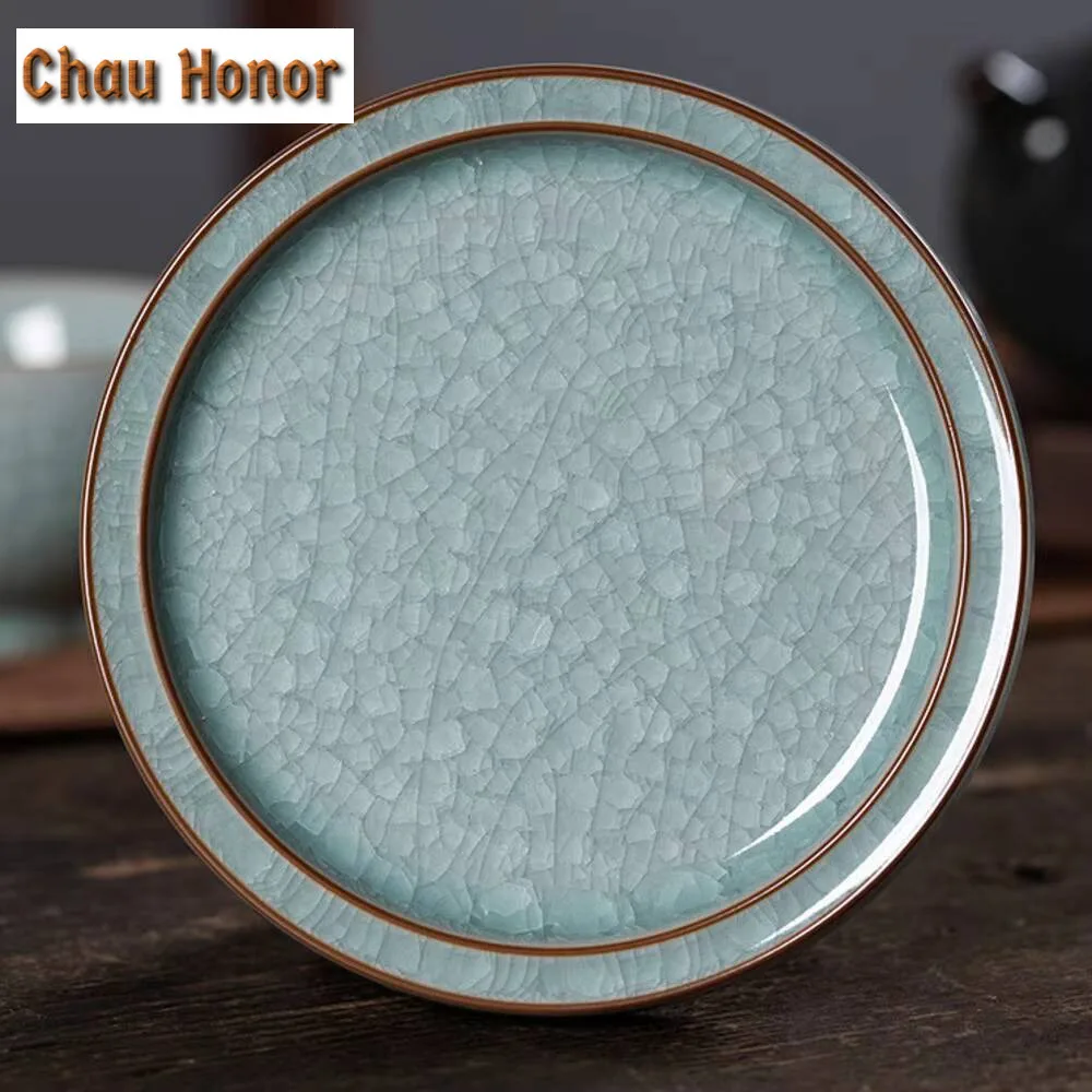 Handmade Longquan Celadon Teacup Elegant Ice Flower Ceramic Master Cup with Holder Set Personal Tea Bowl Jianzhan Teaware Gifts