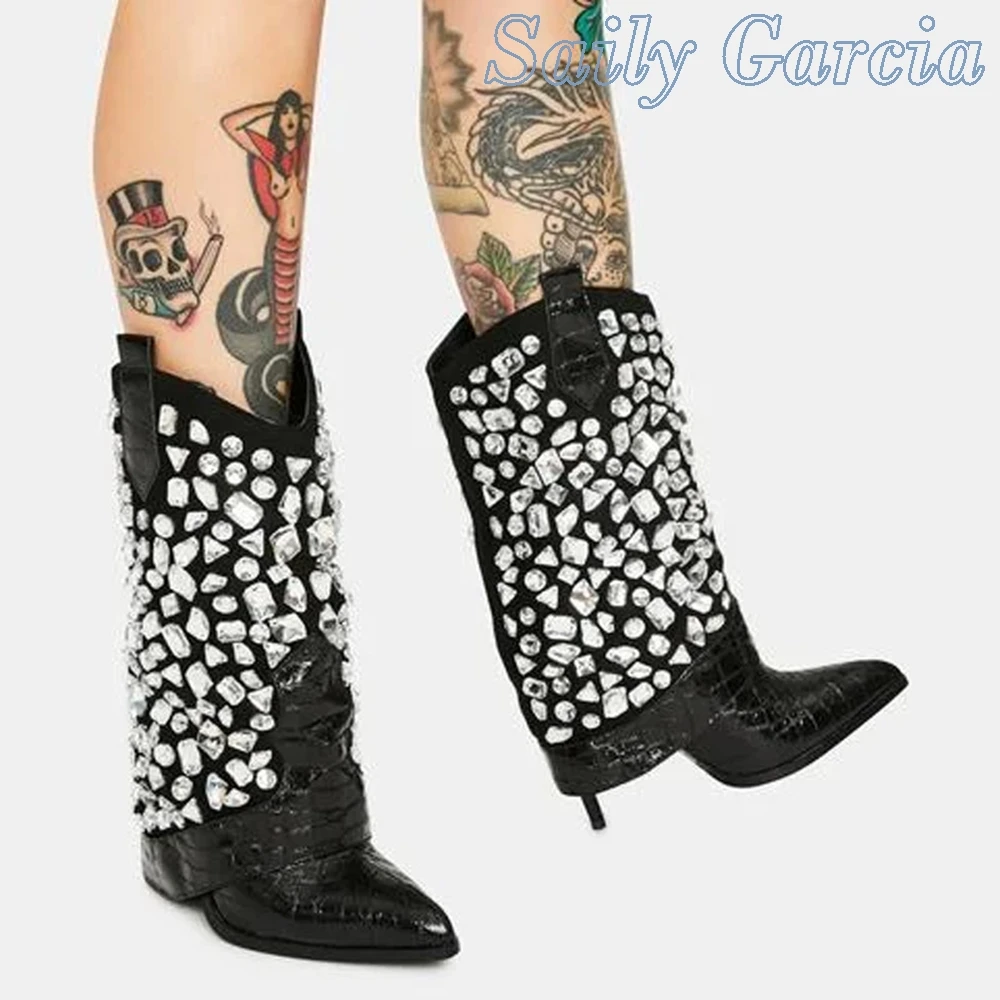 

Black Rhinestone Crystal Unique Boots Leather Flanging Mid Calf Slip On Stiletto Heel Pointed Toe Women's Fashion Shoes