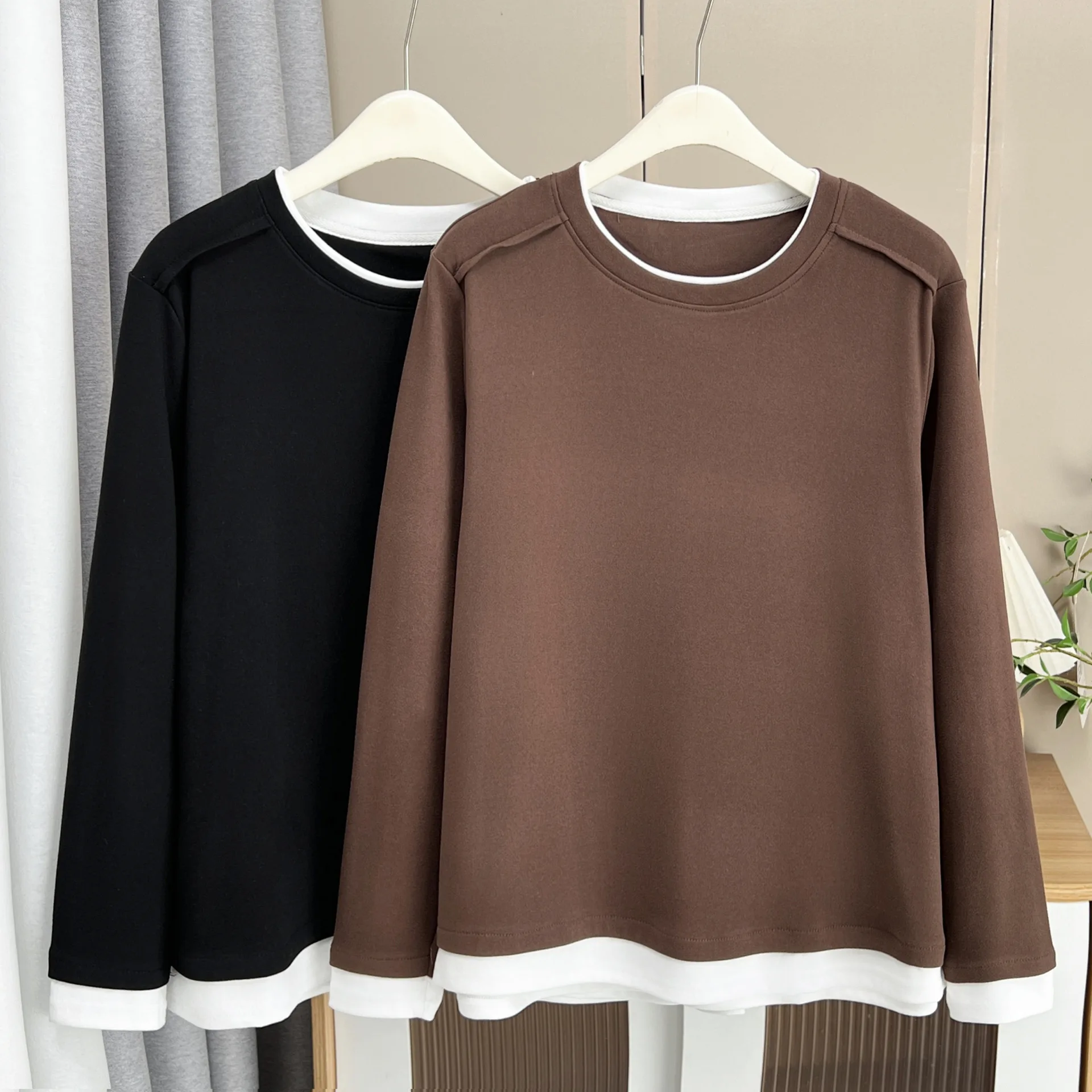 XXXXL Fashion Plus Size Women's T-Shirt Simple Block Color Long Sleeved DE Velvet Warm Base Tops For Autumn And Winter 2435