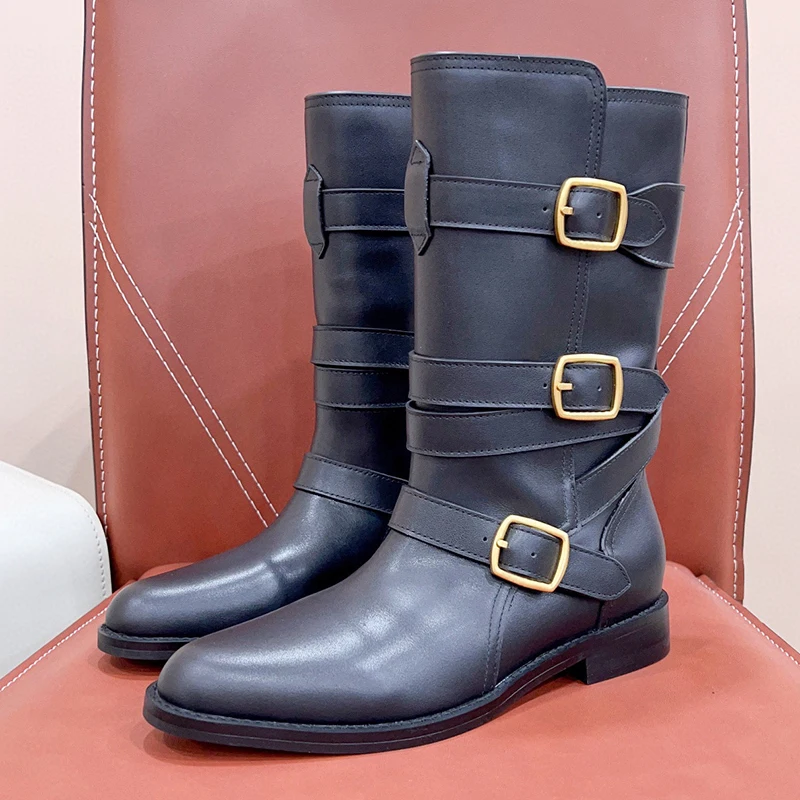 

Trend New Ladies Boots Spring Real Leather Material Round Head Ankle Boots Buckle Strap Design Height Increasing Female Shoes