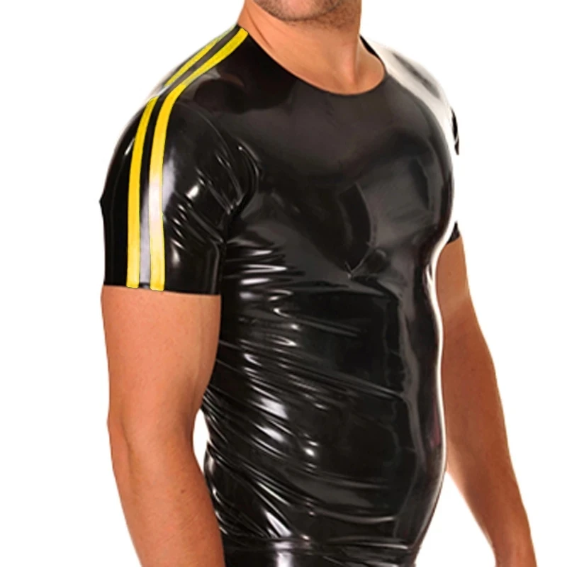 

Сексуальная латексная рубашка, резиновый Топ, Озерный черный с желтым, мужская одежда