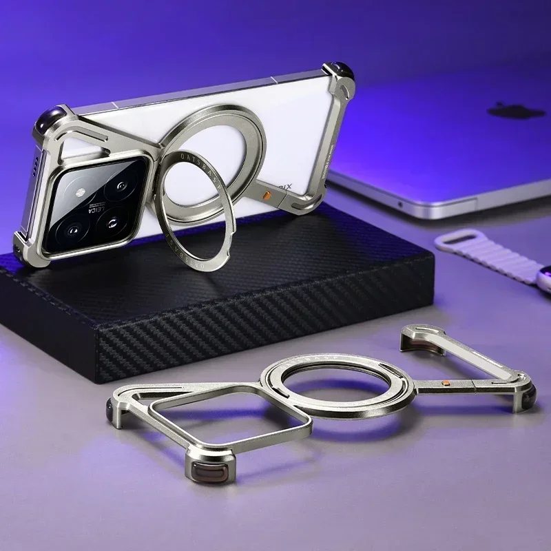 Eary Z Shape Case for Xiaomi 15 15Pro Metal magsafe Magnetic Frameless Protective Phone Cover with 360°Rotation Kickstand Shells