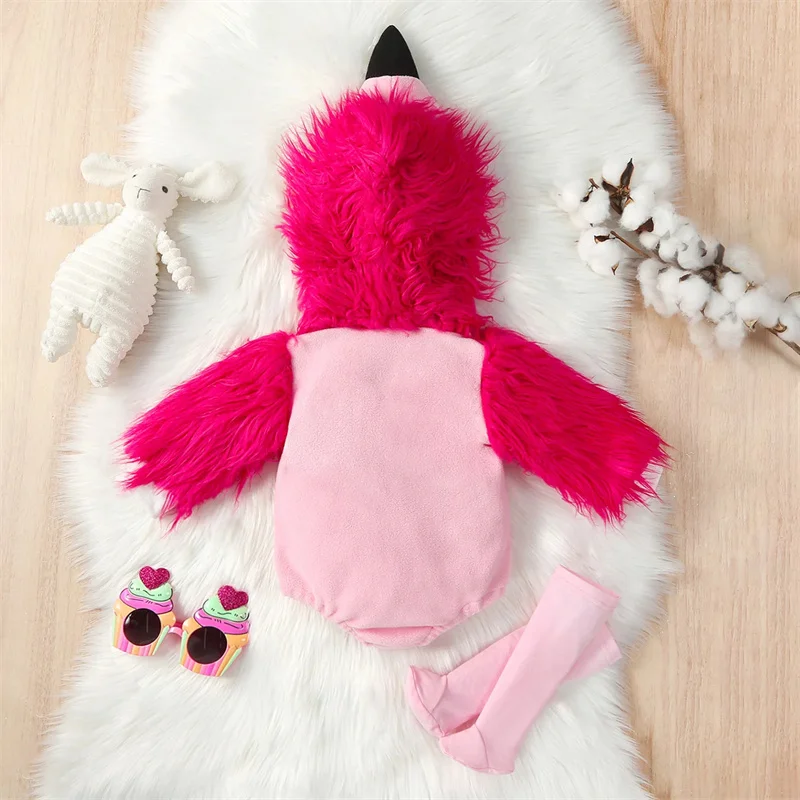 0-24M Baby Girls Animal Costume Pink Furry Hoodie Romper Bodysuit Stockings 2pcs/set Long Sleeve Purim Fancy Dress