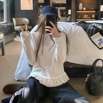 Sweet Pleat Lace Hem Long Sleeves Shirt Women Autumn and Winter Korean Sle Versatile and Simple White Inner Wear Top Clothes 1