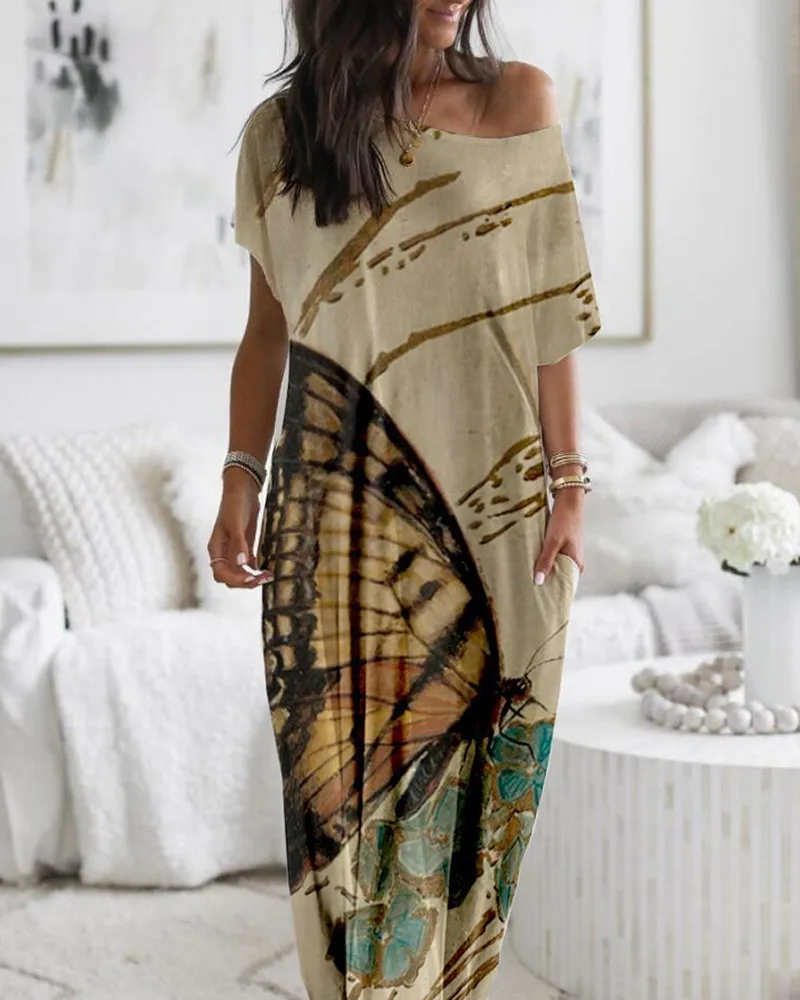 

Spring Summer New Butterfly Print Pocket Design Casual Dress Long Loose Dresses Slash Neck Maxi Vestidos Boho Streetwear