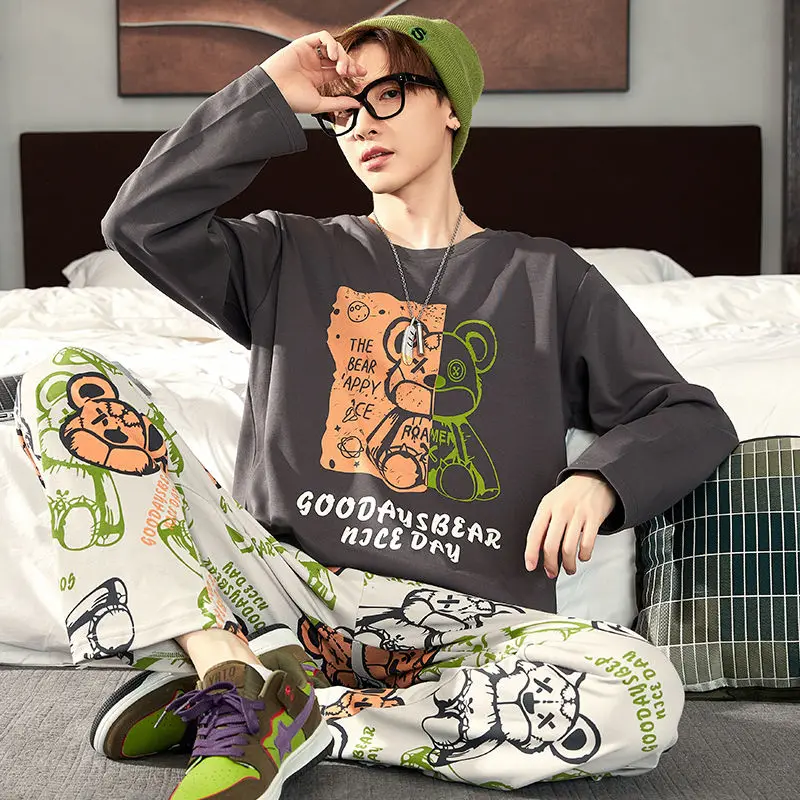 Men Pajamas Teenagers Cartoon Pure Cotton Long Sleeve Long Pants Nightclothes Suit Spring Autumn Male Round Neck Casual Homewear