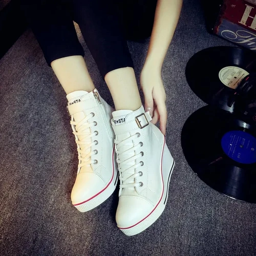 여성용 하이탑 캔버스 웨지 슈즈, 여성 데님 발목 레이스업 발목 캔버스 슈즈, 여성 8cm 힐 스니커즈 3