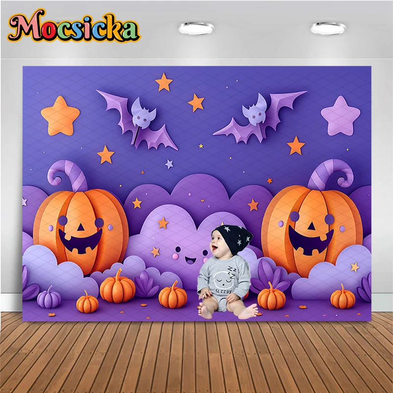 Mocsicka Halloween Photo Background Shooting Jack-O-Lantern Bat Cartoon Pumpkin Girl Birthday Back Drop Decor  Decoration Studio