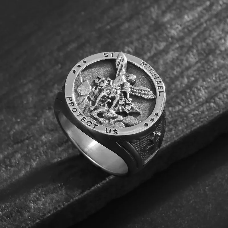 Gold Angel Michael Ring - Stainless Steel Punk Amulet Jewelry